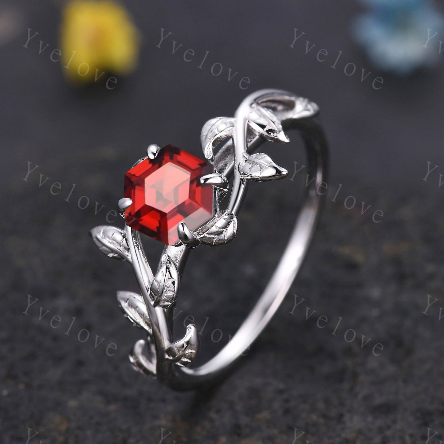 Hexagon Garnet Ring Set,Vintage Twig Vine Leaf Ring,Unique Garnet Engagement Ring,January Ring, Promise Anniversary Bridal Ring Gift,Silver