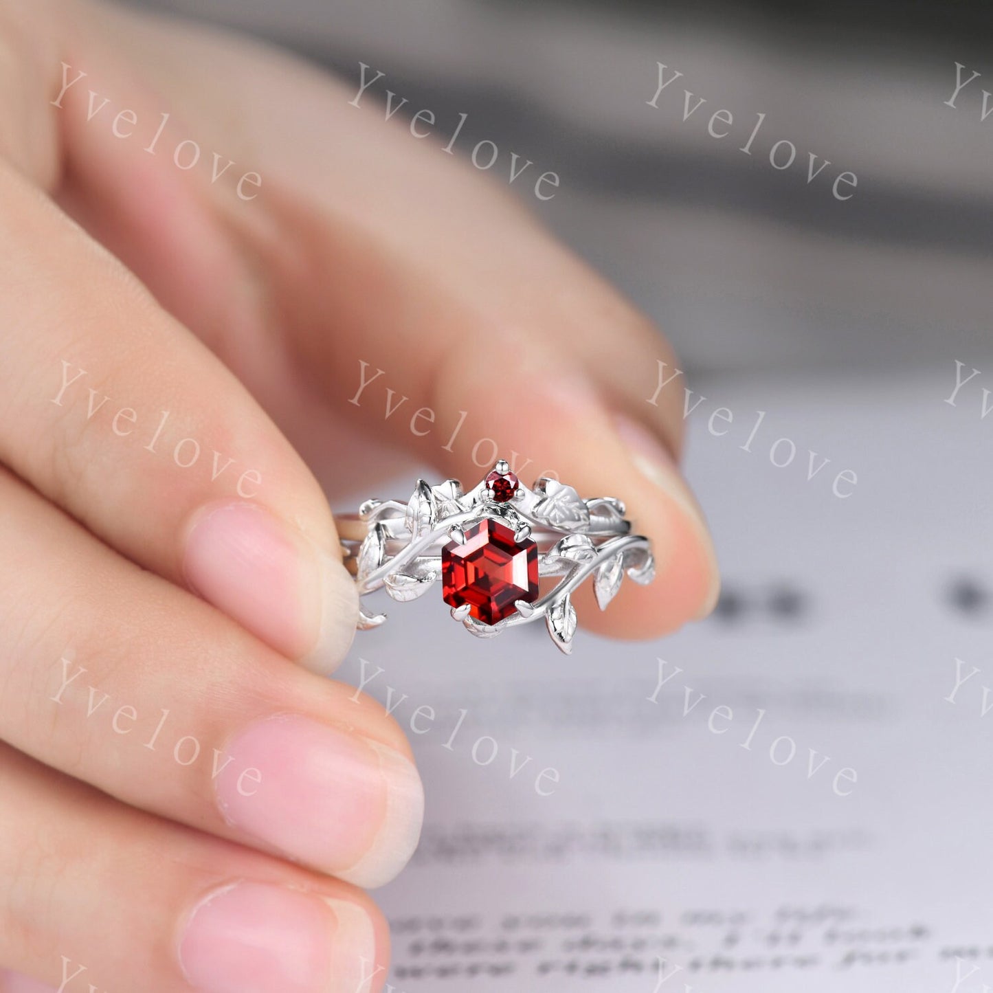 Hexagon Garnet Ring,Vintage Twig Vine Leaf Ring,Unique Garnet Engagement Ring,birthstone Ring,Promise Anniversary Bridal Ring Gift,Silver