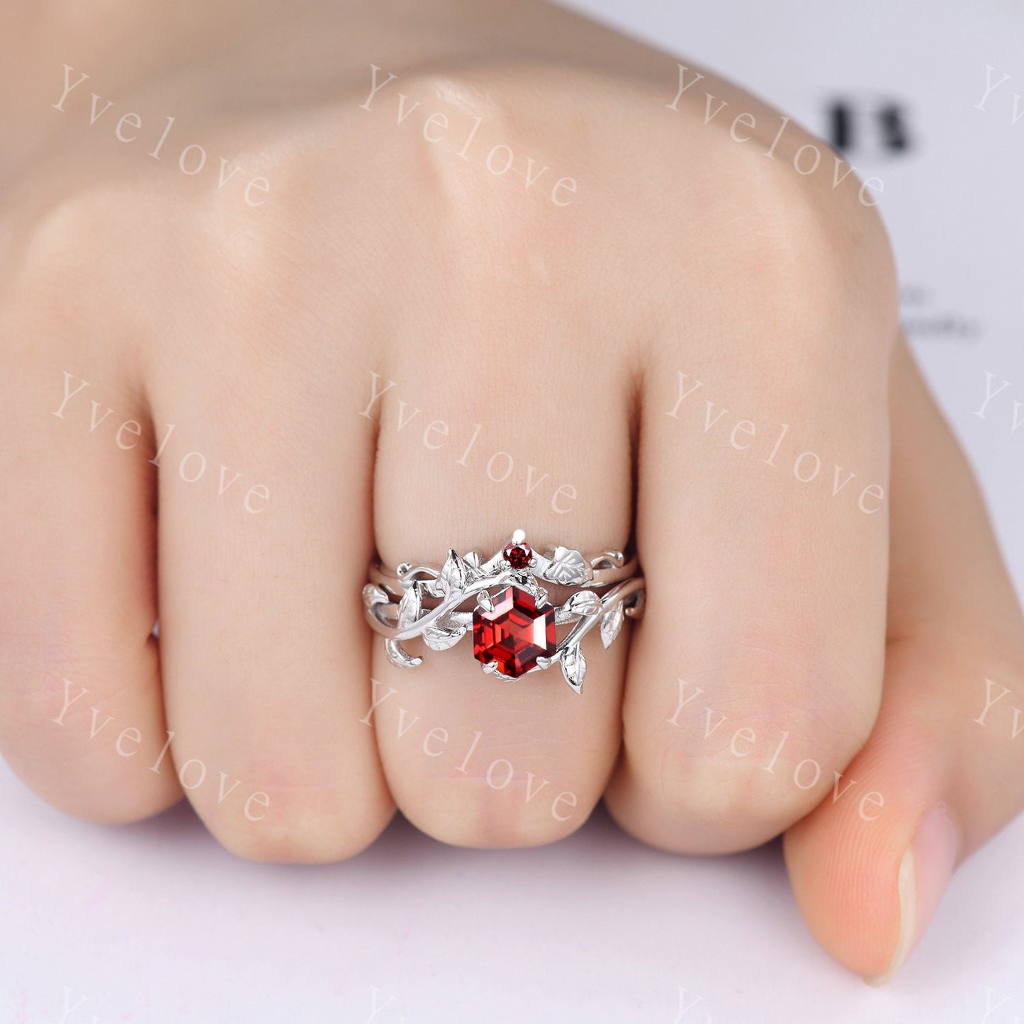Hexagon Garnet Ring Set,Vintage Twig Vine Leaf Ring,Unique Garnet Engagement Ring,January Ring, Promise Anniversary Bridal Ring Gift,Silver