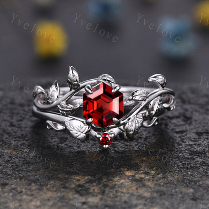 Hexagon Garnet Ring,Vintage Twig Vine Leaf Ring,Unique Garnet Engagement Ring,birthstone Ring,Promise Anniversary Bridal Ring Gift,Silver