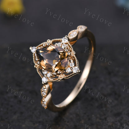 Vintage Smoky Quartz Engagement Ring,Pear Shape Brown Quartz Ring Set,14K Gold Ring,Unique Women Moissanite Promise Ring For Her,Handmade