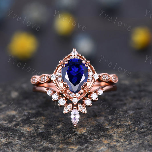 Vintage Sapphire Engagement Ring Set,6x8mm Pear Sapphire Bridal Set,Moissanite Half Eternity Band,Solid Gold,Women Rings Gift For Her,Custom