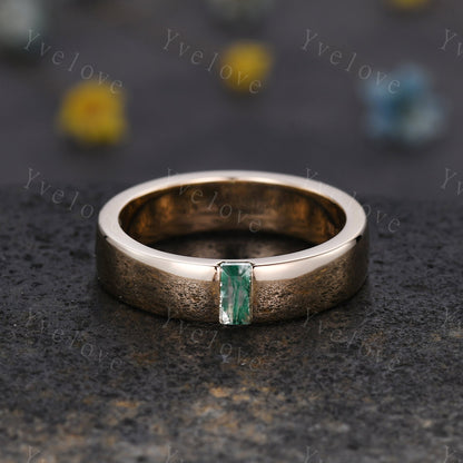 Mens Moss agate Wedding Band Baguette Cut Green Agate Band 5mm Solid Gold Ring Mens Solitaire Stacking Matching Band Retro Vintage Ring Gift