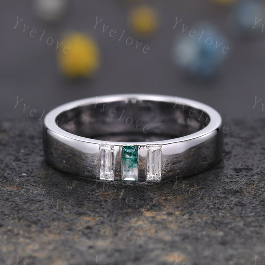 5mm Mens Moss agate Wedding Band Baguette Green Agate Diamond Band Platinum Ring Men Stacking Matching Band 3 Stones Ring Gifts  For Men