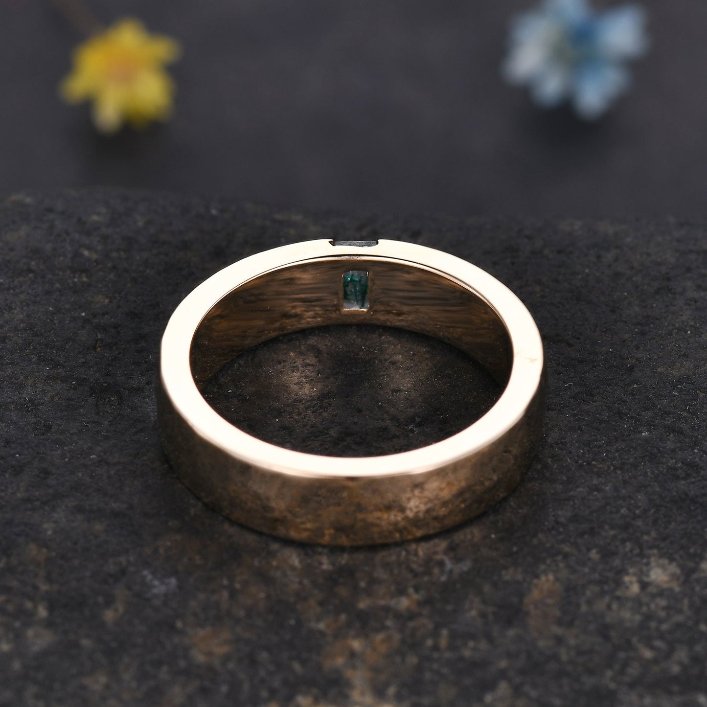 Mens London Blue Topaz Wedding Band Baguette Cut Blue Gem Band 5mm Solid Gold Ring Hammered Stacking Matching Band Retro Vintage Ring Gift