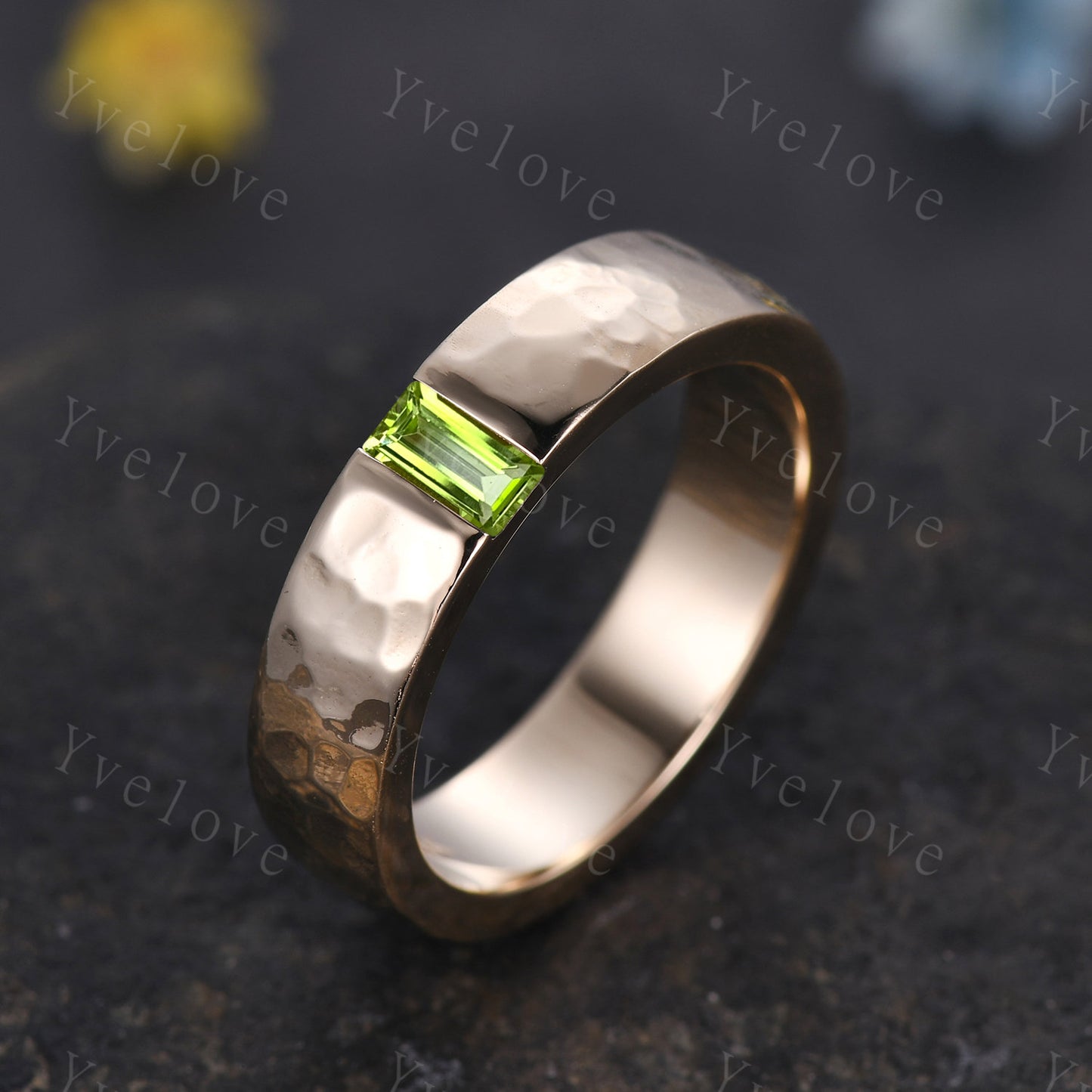 Men Peridot Wedding Band Baguette Cut Peridot Band 5mm Solid Gold Ring Mens Hammered Stacking Matching Band Retro Vintage Ring father Gift