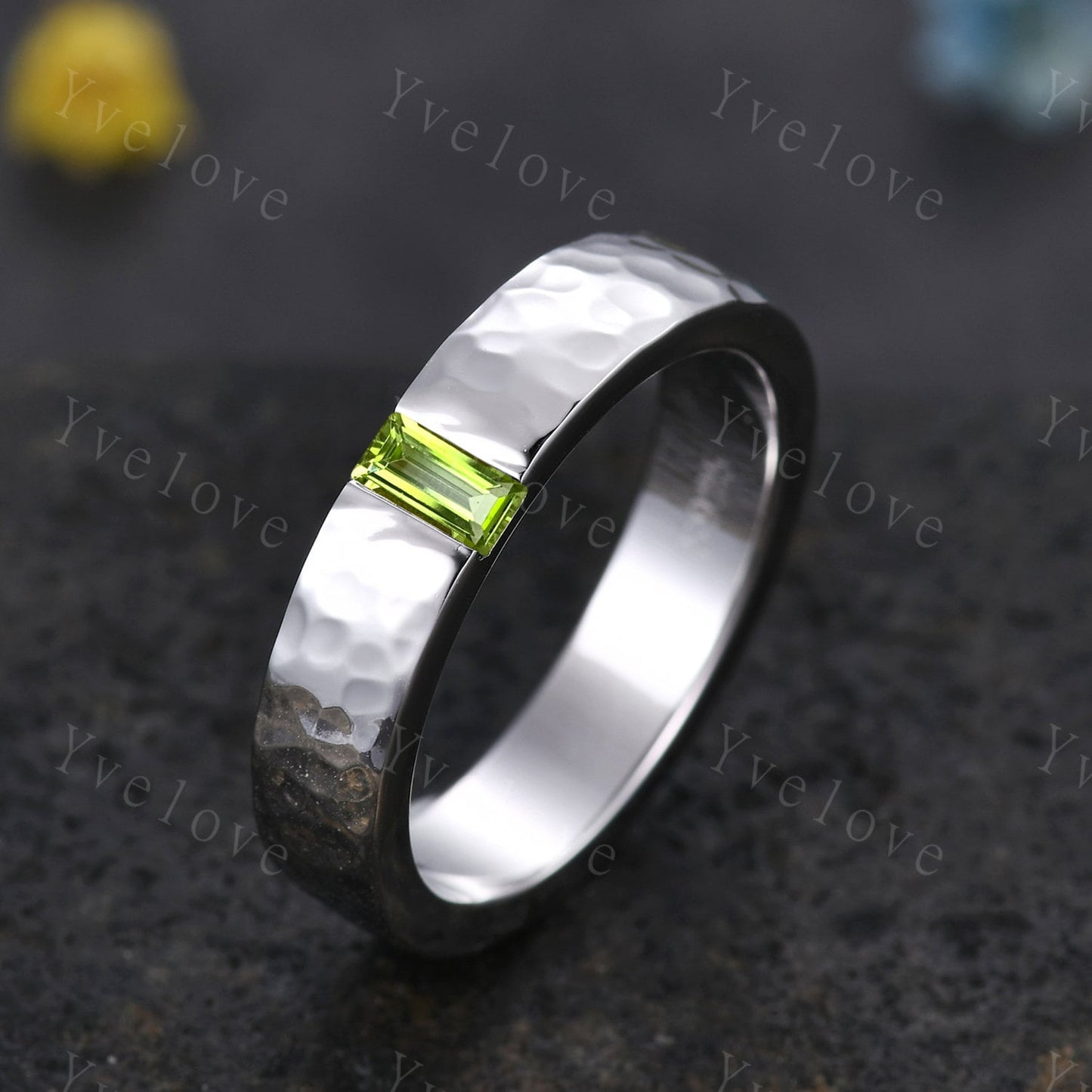 Men Peridot Wedding Band Baguette Cut Peridot Band 5mm Solid Gold Ring Mens Hammered Stacking Matching Band Retro Vintage Ring father Gift