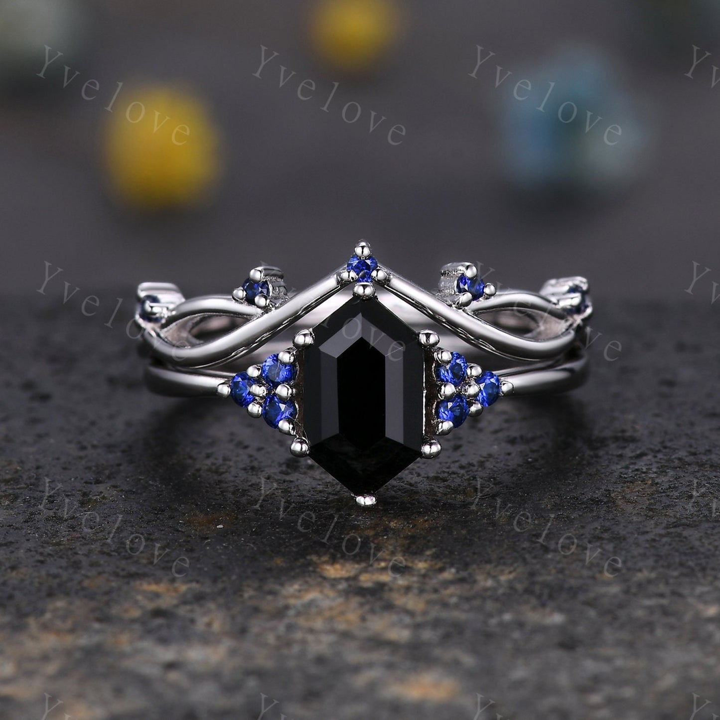 Retro hexagon Black Onyx Sapphire Ring,Vintage Silver Ring Set,Unique Black Onyx Engagement Ring,Promise Ring,Anniversary Ring Gift For Her