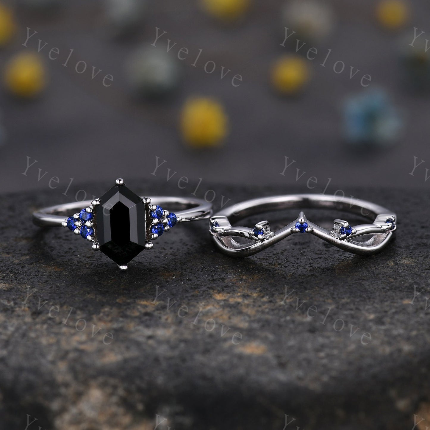 Retro hexagon Black Onyx Sapphire Ring,Vintage Silver Ring Set,Unique Black Onyx Engagement Ring,Promise Ring,Anniversary Ring Gift For Her