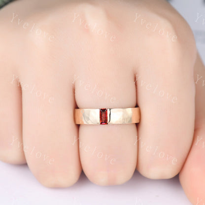 Mens Garnet Wedding Band Baguette Cut Red Garnet Band 5mm Solid White Ring Mens Hammered Stacking Matching Band Retro Vintage Ring Gift