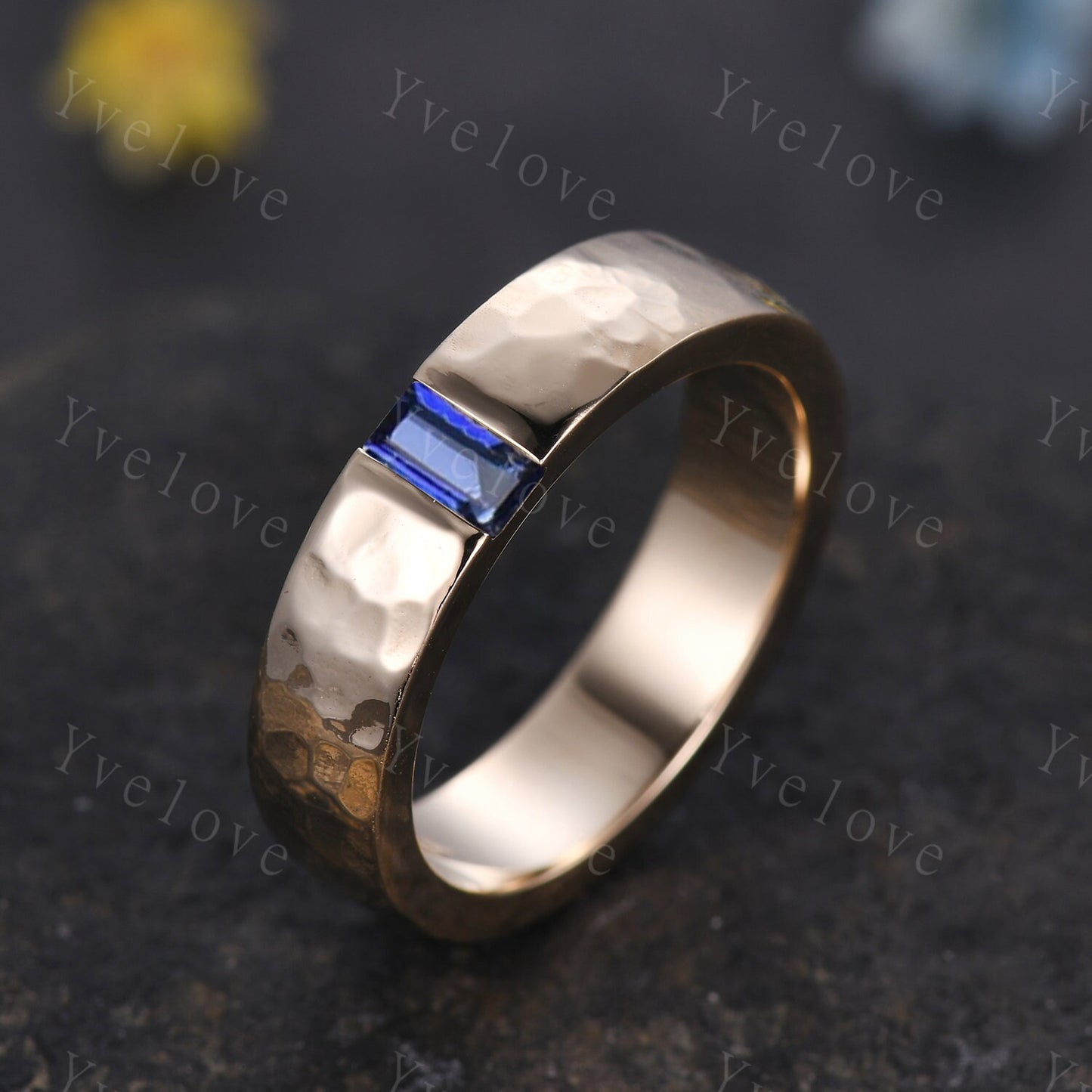 Mens Sapphire Wedding Band Baguette Cut Blue Sapphire Band 5mm Solid White Ring Mens Hammered Stacking Matching Band Retro Vintage Ring Gift