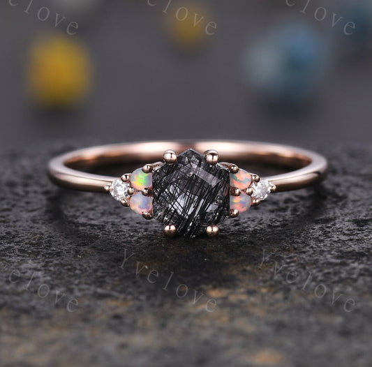 Unique Black Rutilated Quartz Engagement Ring,Opal Moissanite Rings for Women,Cluster Ring,Vintage Anniversary Stack Promise Ring,Handmade