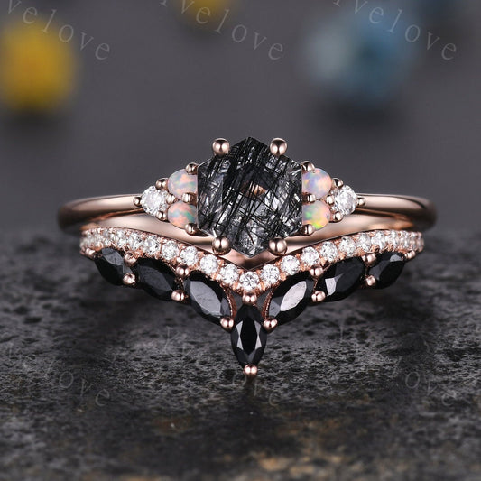 Unique Hexagon Black Rutilated Quartz Engagement Ring Set,Opal Diamond Rings,Marquise Black onyx,Cluster Ring,Vintage Women Gift Bridal Set