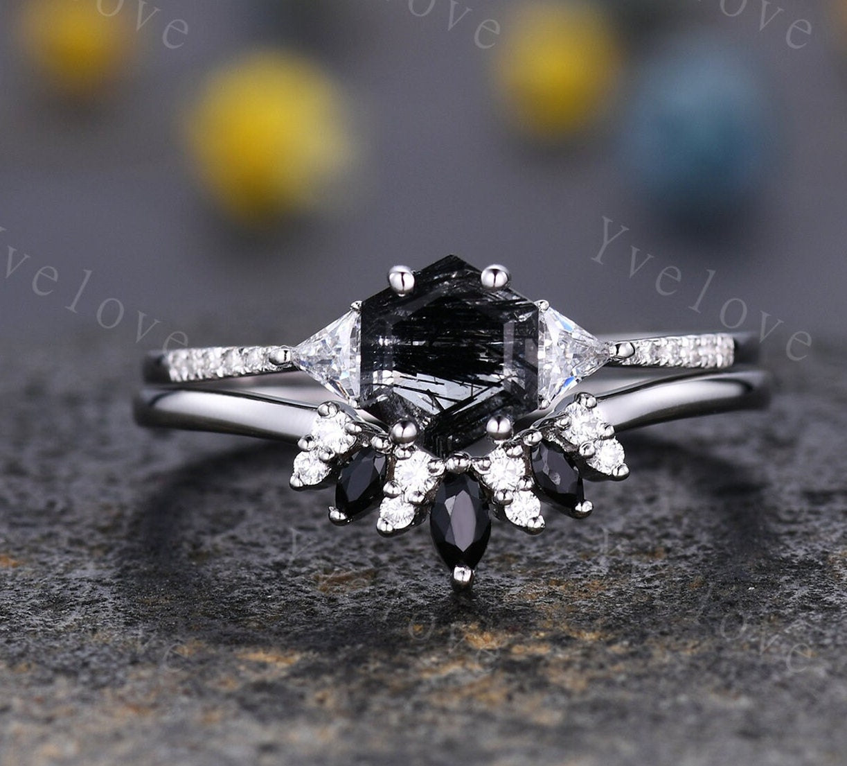 Hexagon Cut Black Rutilated Quartz Engagement Ring,Vingate Bridal Ring Set,Three Stone Engagement Ring,Anniversary Birthday Gift 925 Silver