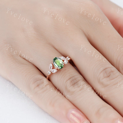 Natural Green Sapphire Engagement Ring Oval Sapphire Ring Rose Gold Marquise Moissanite Wedding Band Promise Ring Unique Ring Gift for her