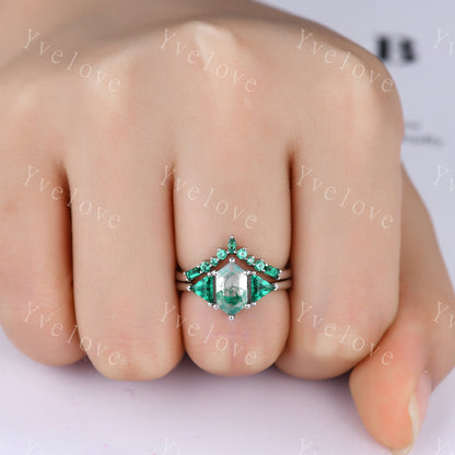 Hexagon shaped Moss Agate Engagement Ring,Silver Ring Set,Unique Emerald Matching Stack Ring,Green Gem Promise Ring,Anniversary Ring Gift