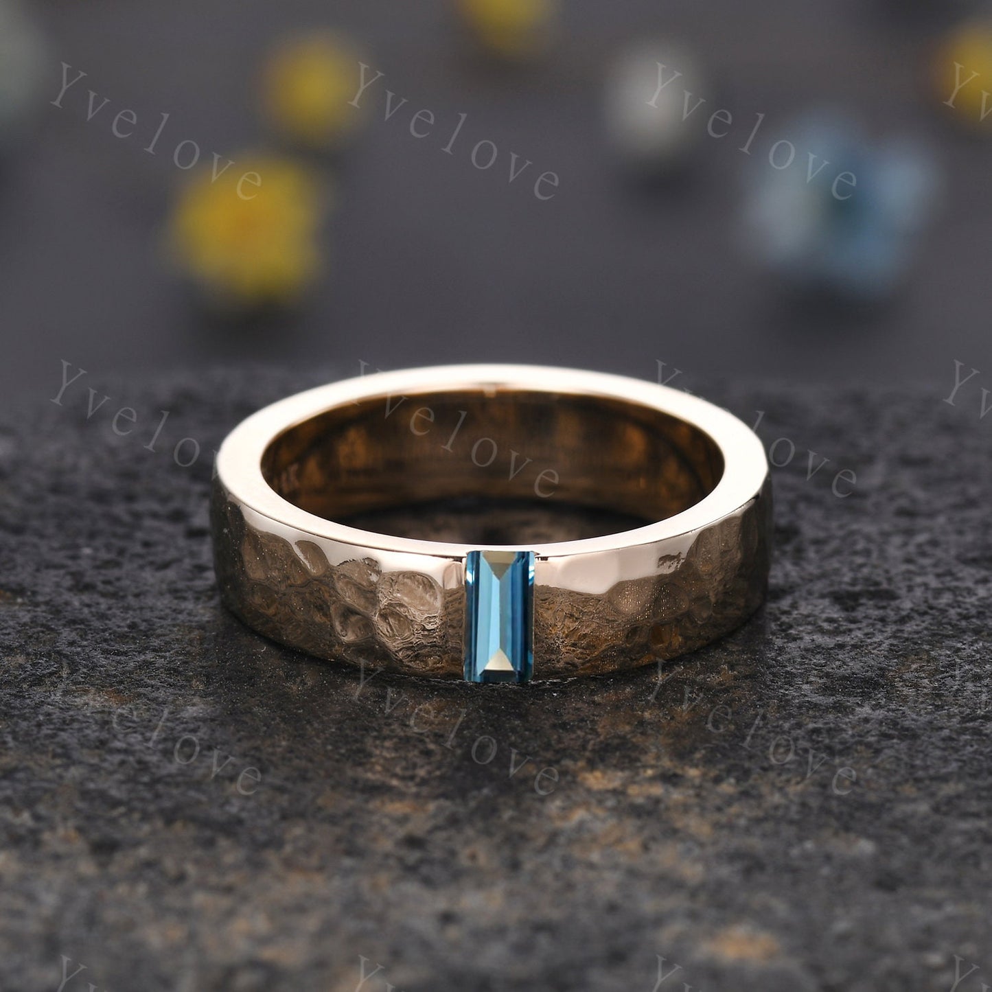 Mens London Blue Topaz Wedding Band Baguette Cut Blue Gem Band 5mm Solid Gold Ring Hammered Stacking Matching Band Retro Vintage Ring Gift