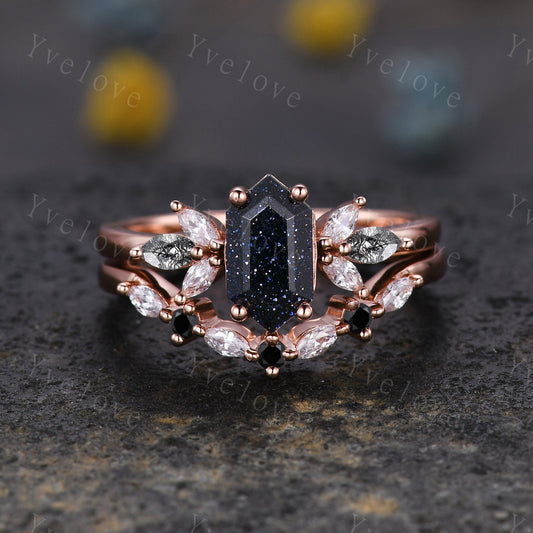 Vintage Hexagon cut Sandstone Engagement Ring Set,Unique Bridal Set,Marquise Black Rutilated Quartz,Rose Gold Black Diamond Galaxy Ring Gift