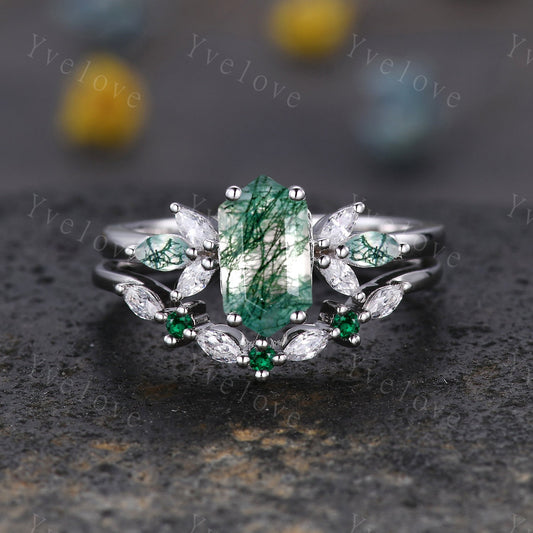 Vintage Hexagon cut Moss Agate Engagement Ring Set,Unique Bridal Set Marquise Moissanite Emerald Wedding Band Promise Ring Gift Platinum