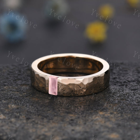 Mens Rose Quartz Wedding Band Baguette Cut Pink Gems Band 5mm Solid Gold Ring Mens Hammered Stacking Matching Band Retro Vintage Ring Gift