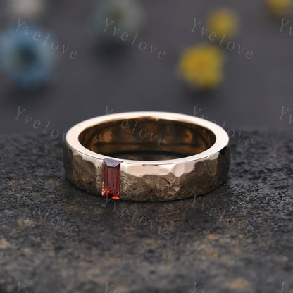 Mens Garnet Wedding Band Baguette Cut Red Garnet Band 5mm Solid White Ring Mens Hammered Stacking Matching Band Retro Vintage Ring Gift