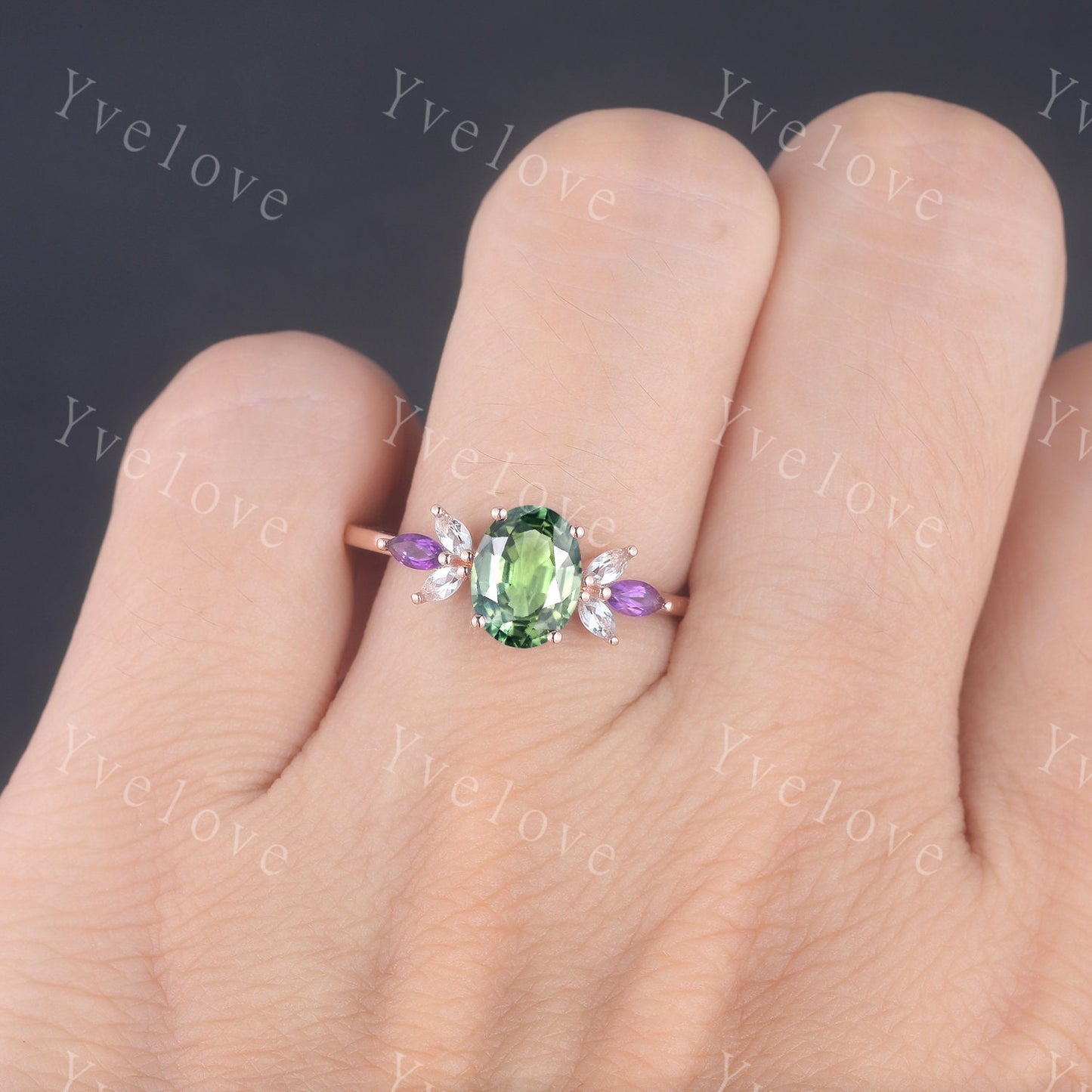 Vintage Natural Green Sapphire Engagement Ring Rose Gold Women Moissanite Amethyst Gem Match Band Promise Bridal Stacking Ring Gift for her