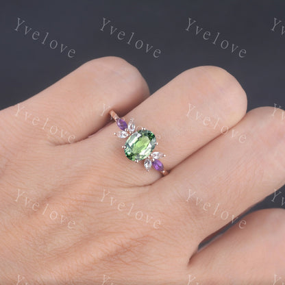 Vintage Natural Green Sapphire Engagement Ring Rose Gold Women Moissanite Amethyst Gem Match Band Promise Bridal Stacking Ring Gift for her