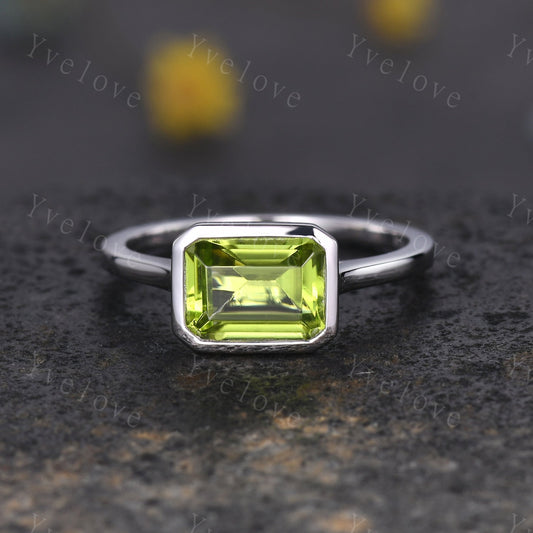 Emerald Cut Peridot Engagement Ring,East To West Ring,Solitaire Ring,Bezel Set Ring,Wedding Ring,Solid White Gold,Thin band Bridal Gift