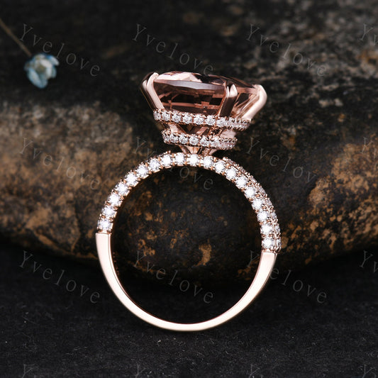 13x11mm Morganite engagement ring pink morganite ring big cushion shape natural gemstone diamond wedding band 14k rose gold gift for her
