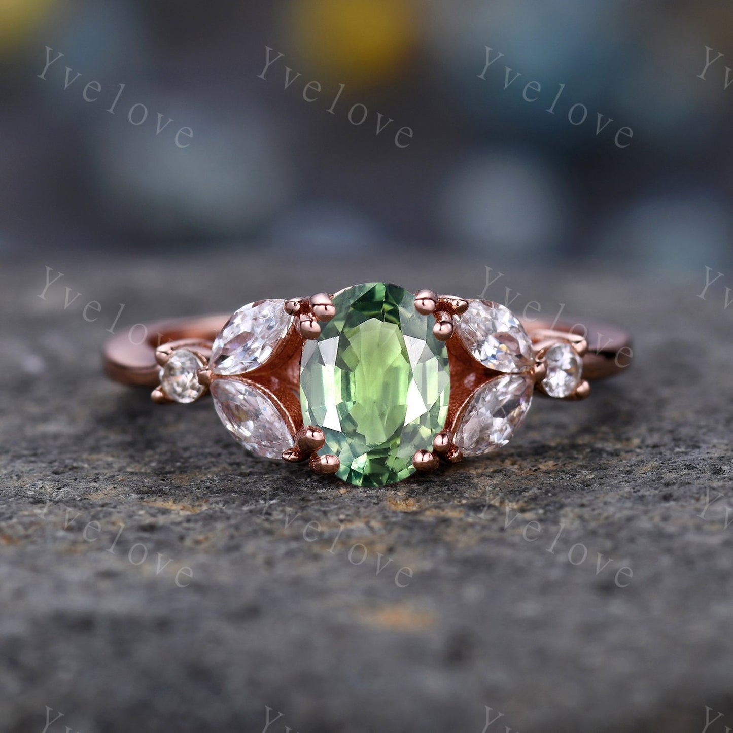 Natural Green Sapphire Engagement Ring Oval Sapphire Ring Rose Gold Marquise Moissanite Wedding Band Promise Ring Unique Ring Gift for her