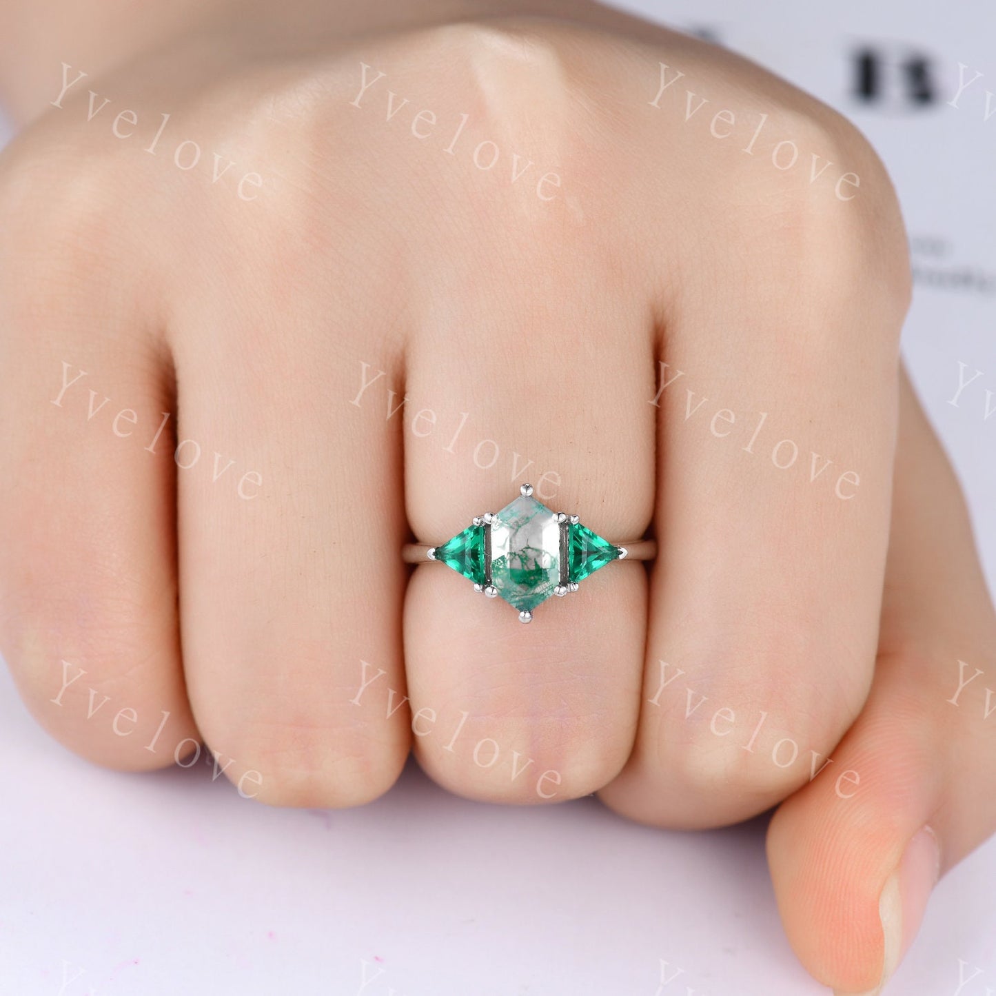 Hexagon shaped Moss Agate Engagement Ring,Silver Ring Set,Unique Emerald Matching Stack Ring,Green Gem Promise Ring,Anniversary Ring Gift