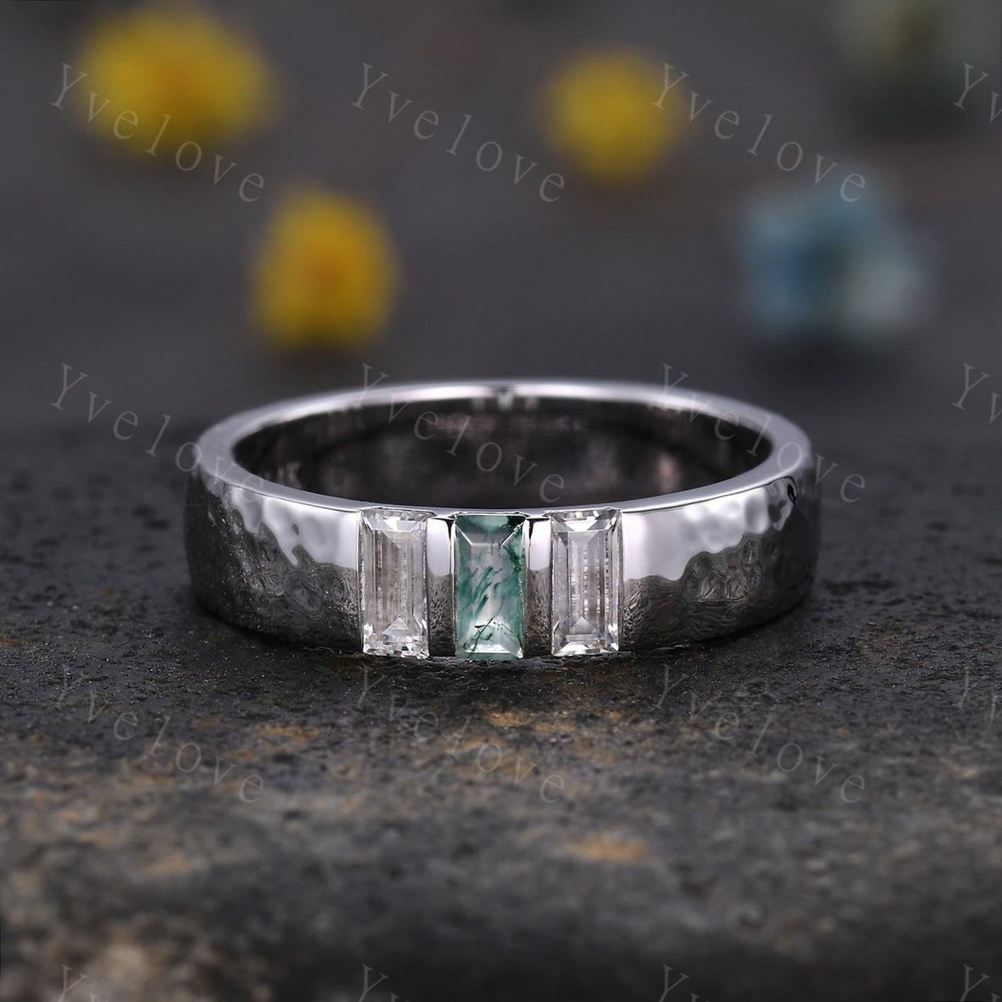 Retro Mens Baguette Moss agate Moissanite Wedding Band 5mm Hammered Band Silver Ring Mens Stackable Matching Band Anniversary Gift For Him