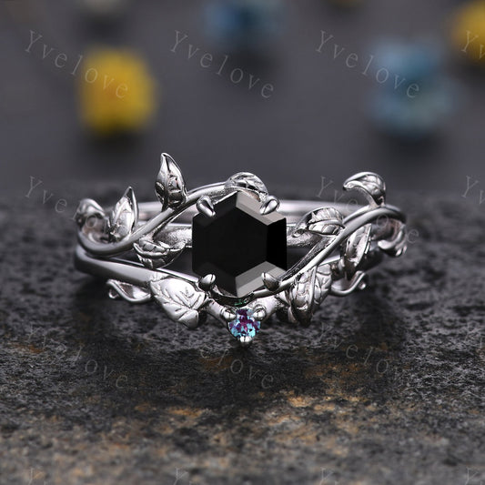 Hexagon Black Onyx Ring Set,Vintage Twig Vine Leaf Ring,Unique Black Onyx Engagement Ring,Alexandrite Ring,Promise Bridal Ring Gift,Silver