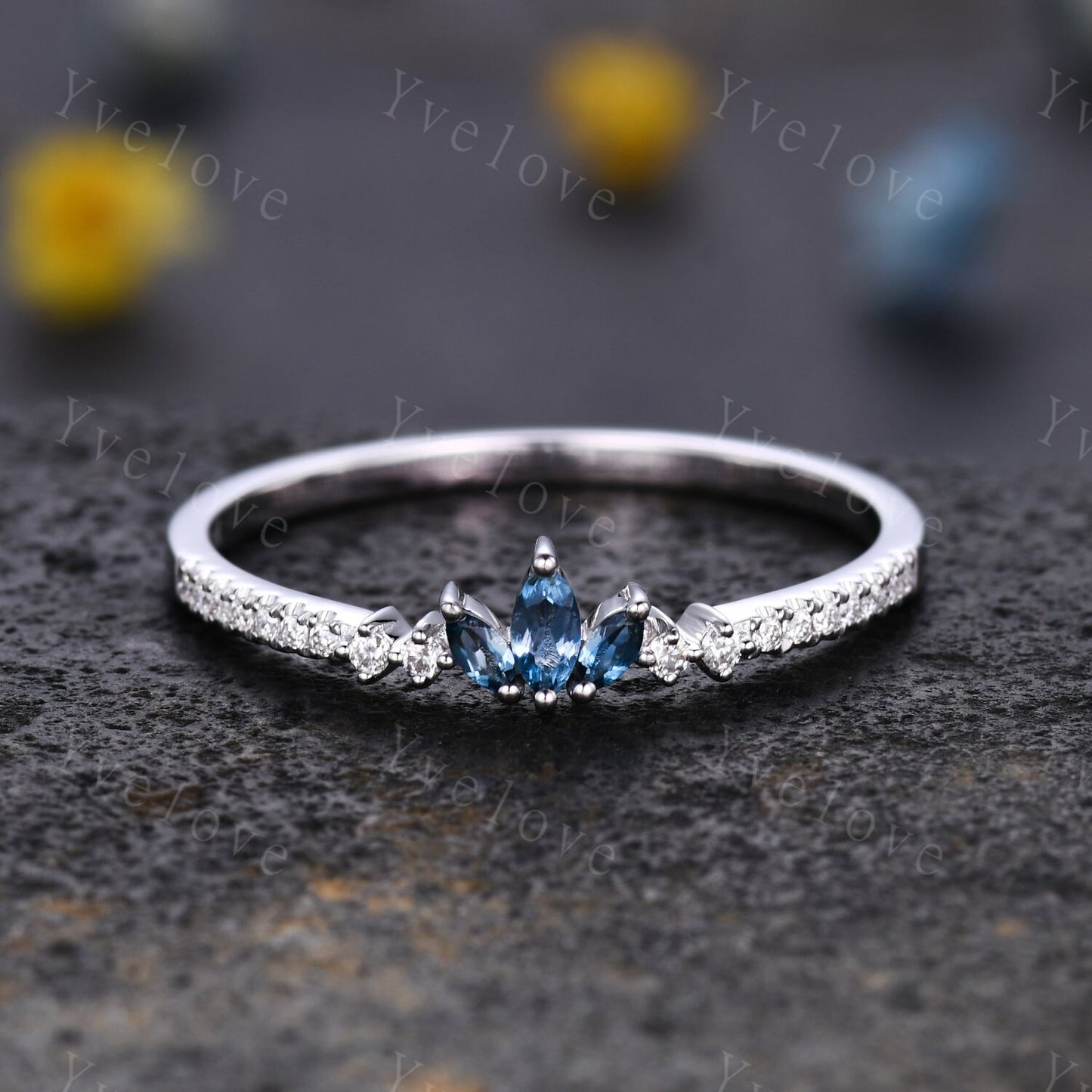 Antique Marquise London blue topaz wedding band topaz ring women moissanite promise ring bridal stacking matching band gift for her platinum