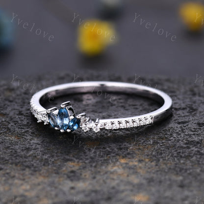 Antique Marquise London blue topaz wedding band topaz ring women moissanite promise ring bridal stacking matching band gift for her platinum