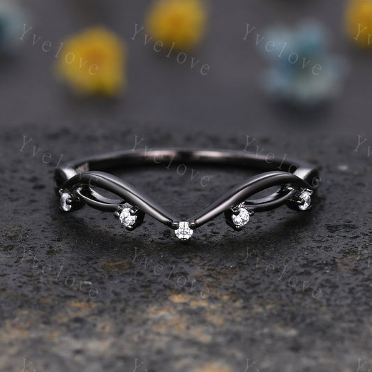 Vintage Twig Engagement Ring,Twig Stacking Band,Women Vine Diamond Band,Art Deco Curved Branch Moissanite Wedding Band,Black Silver Ring