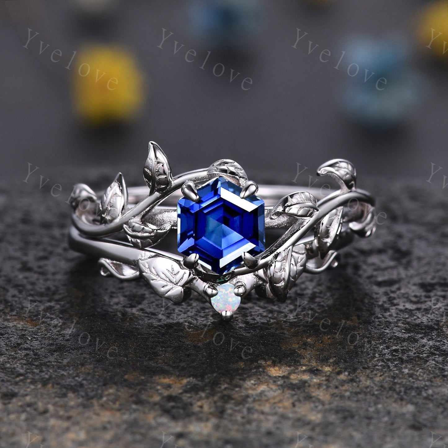 Hexagon Sapphire Ring,Vintage Vine Leaf Ring,Unique Sapphire Opal Engagement Ring,September birthstone,Promise Anniversary Bridal Ring Gift