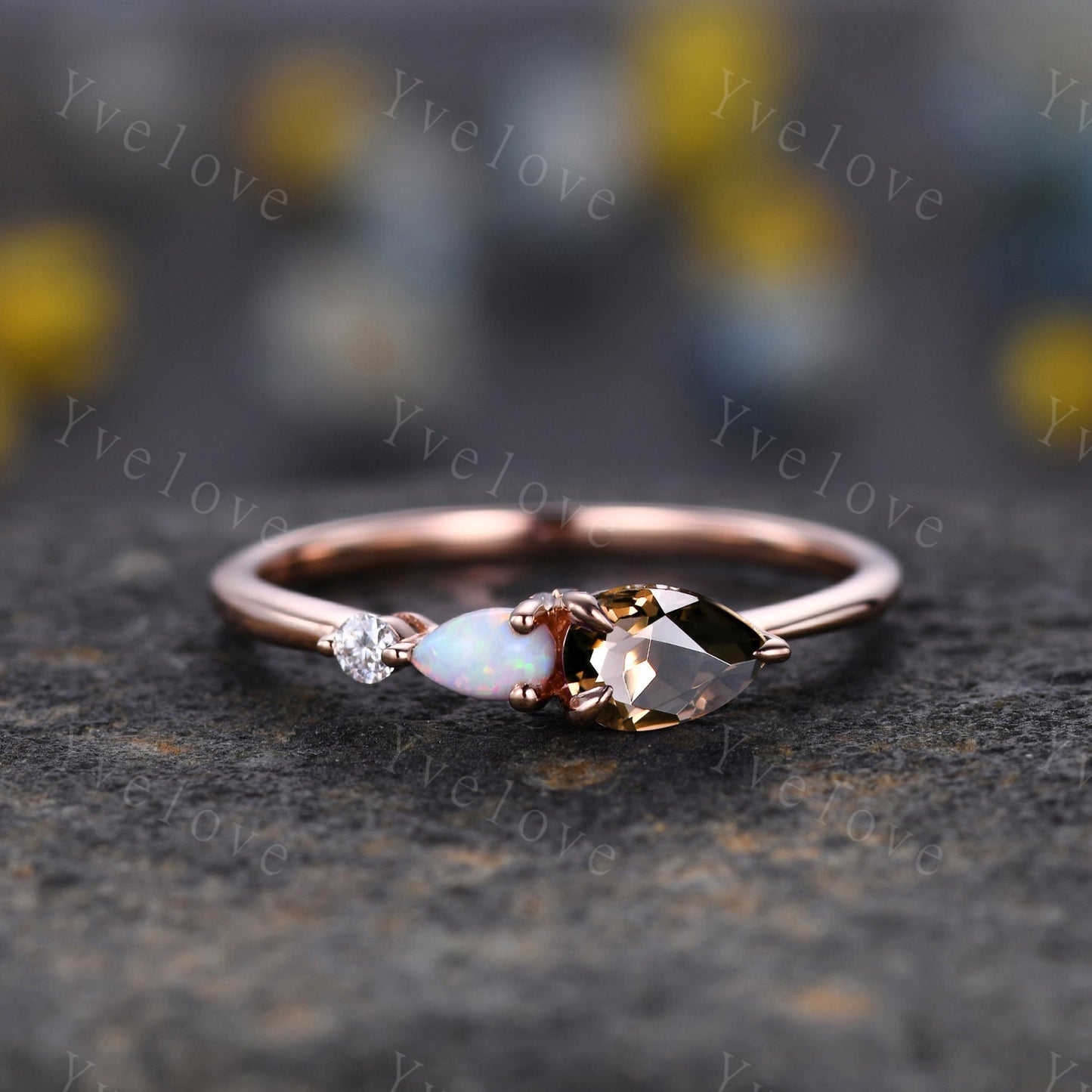 Unique Smoky Quartz Opal Engagement Ring,Pear Cut Gems,Art Deco Moissanite Wedding Band,3 Stone Unique Women Bridal Promise Ring,Customized