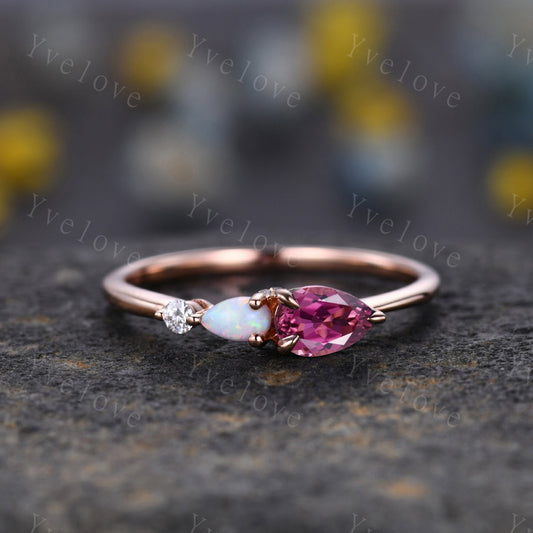 Unique Pink Tourmaline Opal Engagement Ring,Pear Cut Gems,Art Deco Moissanite Wedding Band,3 Stone Unique Women Bridal Promise Ring Gift