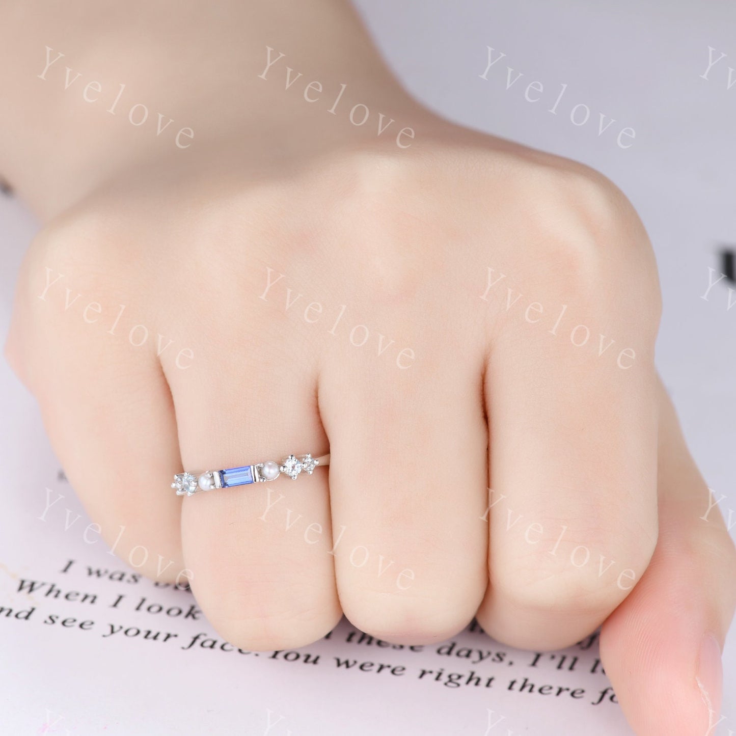 Minimalist Baguette cut sapphire band dainty pearl aquamarine wedding band women stackable matching band white gold personalized ring gift