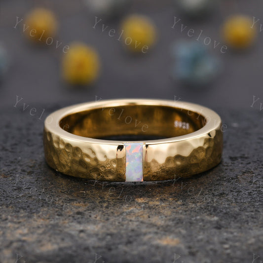 Mens White Fire Opal Wedding Band Baguette Cut Opal Band 5mm Yellow Gold Ring Mens Hammered Stacking Matching Band Retro Vintage Ring Gift