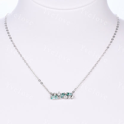 Vintage Baguette Moss Agate Necklace,Nature Gem Art Deco Moissanite Diamond Pendant Dainty Necklace,Silver Necklace,Best friend Gift For Her