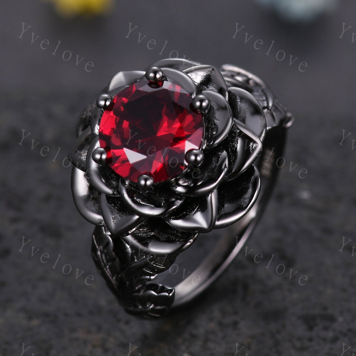 Red Ruby Rose Flower Engagement Ring 925 Black Silver Band Romantic Wedding Ring Promise Ring For Women Vintage Statement Ring Gothic Ring