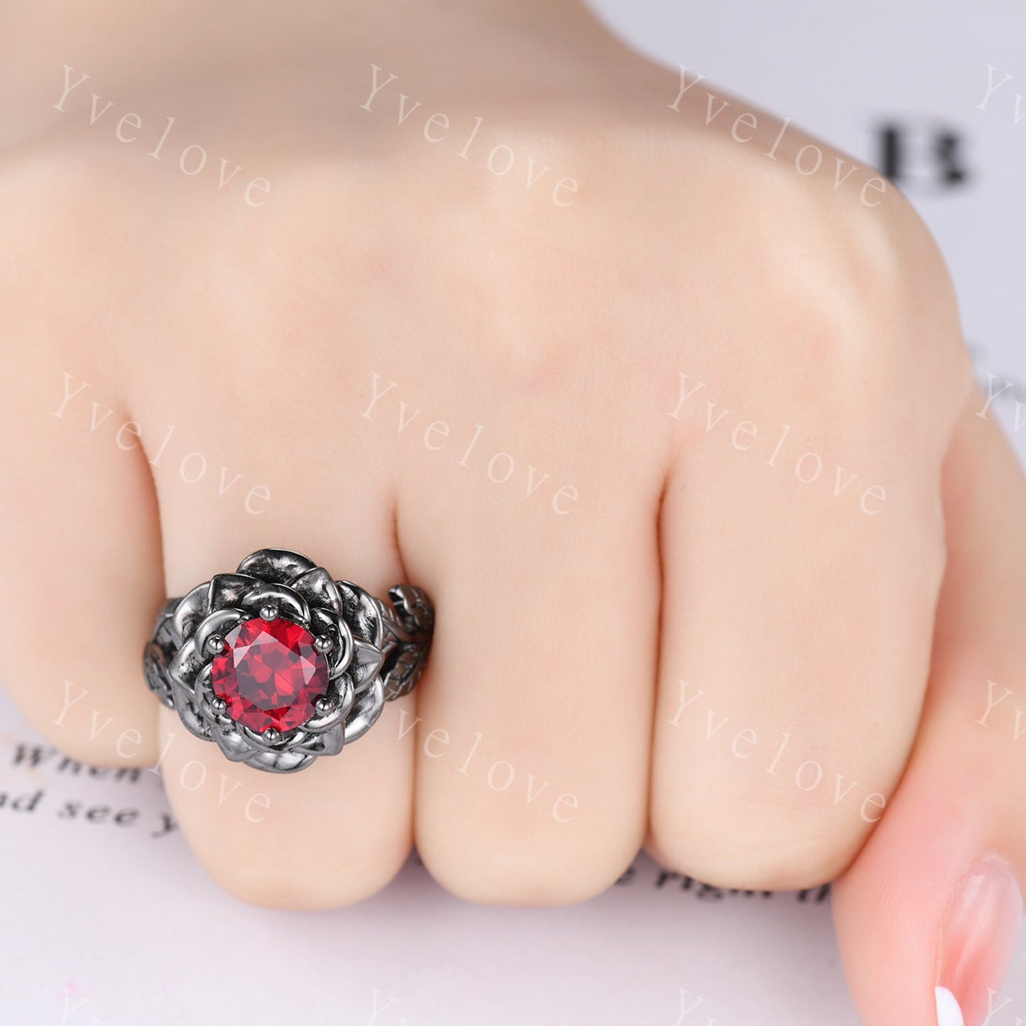 Red Ruby Rose Flower Engagement Ring 925 Black Silver Band Romantic Wedding Ring Promise Ring For Women Vintage Statement Ring Gothic Ring