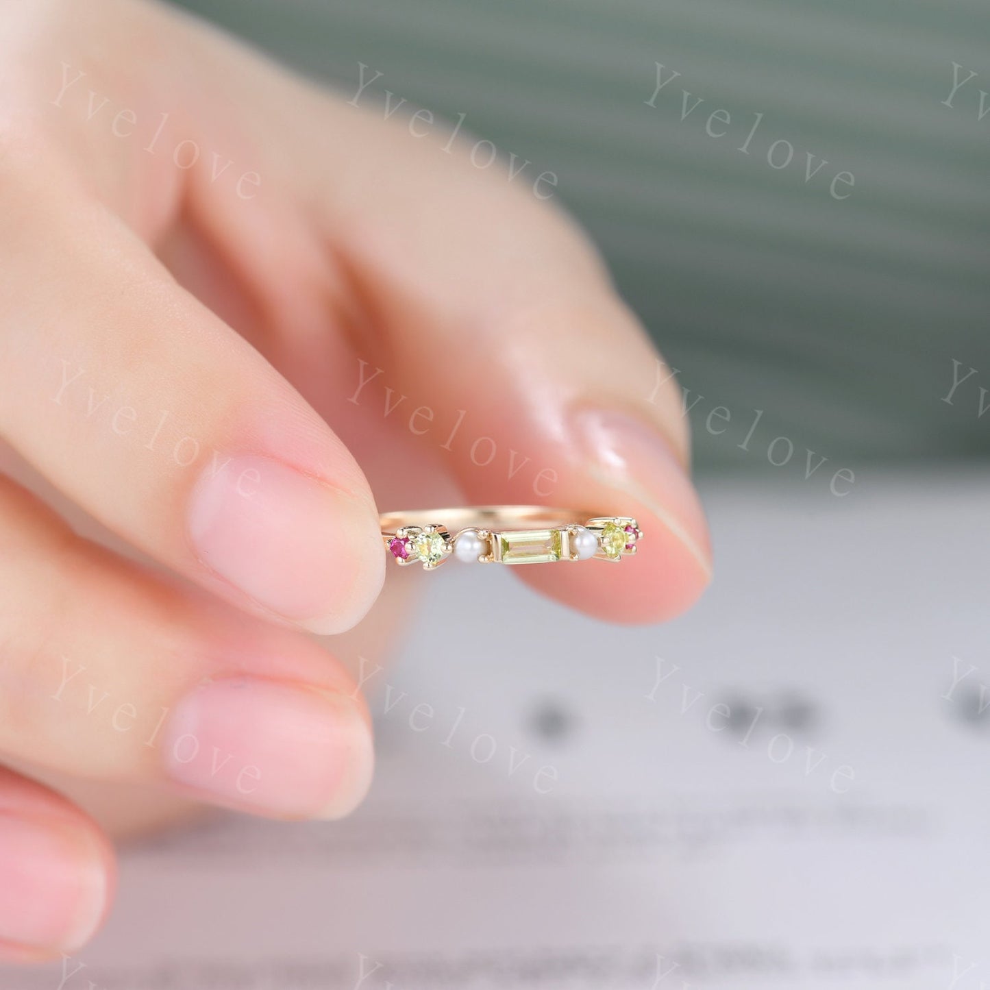 Minimalist Baguette shaped peridot band dainty pearl red garnet wedding band women stackable matching ring gold plated personalized gift