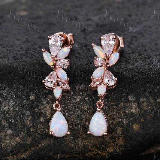Unique Opal Moissanite Earrings,Art Deco White Opal Delicate Dainty Earrings Bridal earrings drop Wedding earrings Wedding jewelry Gift
