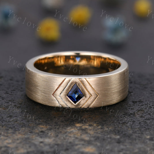 7mm Solid Gold Mens Kite Cut Blue Sapphire Wedding Band Sapphire Engagement Ring Brushed Finished Band Mens Stacking Band His Wedding band