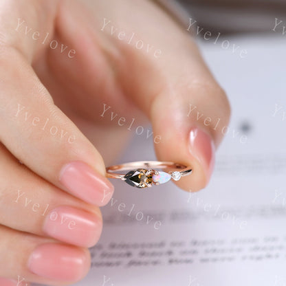 Unique Smoky Quartz Opal Engagement Ring,Pear Cut Gems,Art Deco Moissanite Wedding Band,3 Stone Unique Women Bridal Promise Ring,Customized