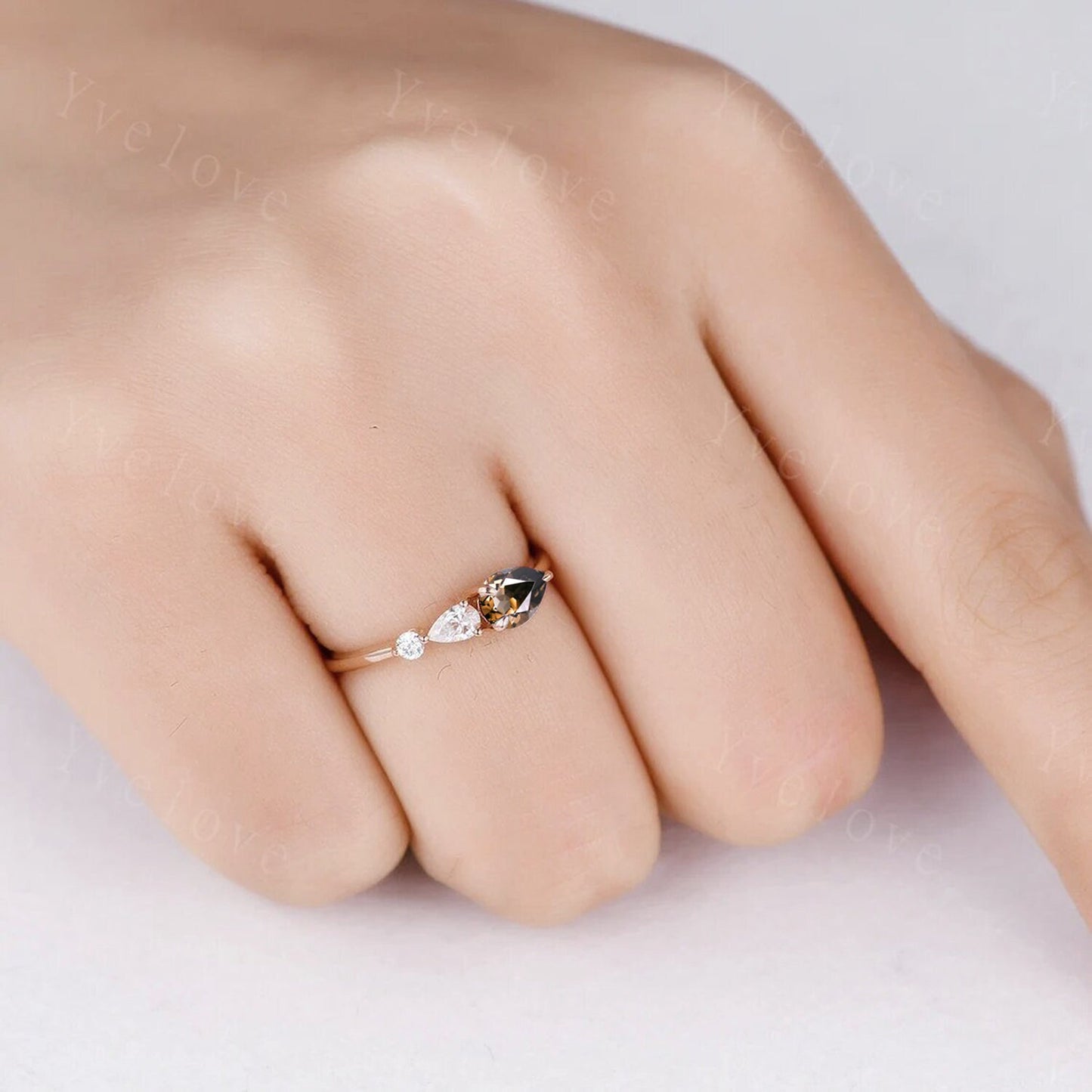 Vintage Smoky Quartz Ring Engagement Ring,Pear Cut Gems,Art Deco Moissanite Wedding Band,3 Stone Unique Women Bridal Promise Ring,Rose gold