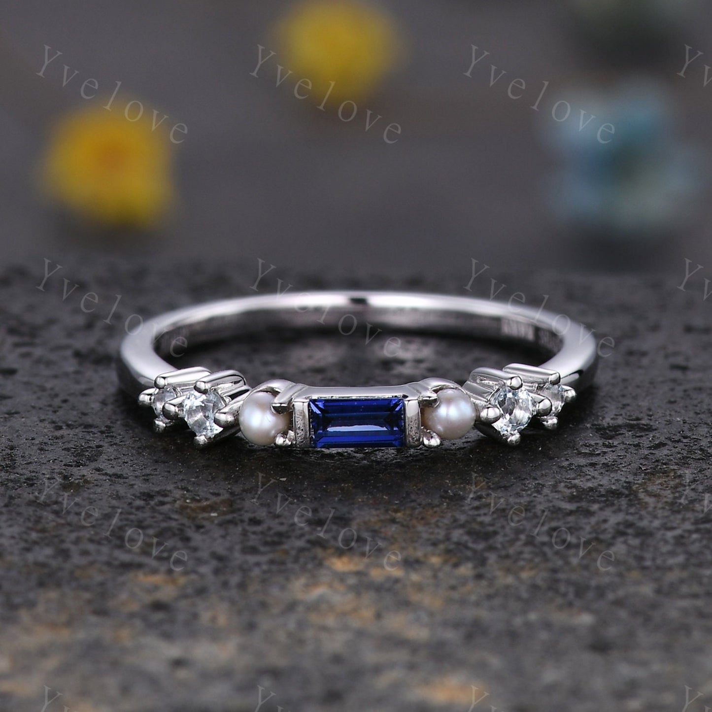 Minimalist Baguette cut sapphire band dainty pearl aquamarine wedding band women stackable matching band white gold personalized ring gift